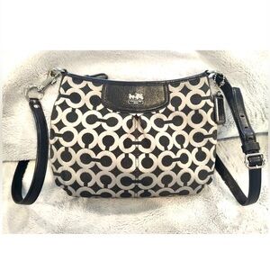 COACH Signature Crossbody Hobo Bag Black Silver with Charm size Medium